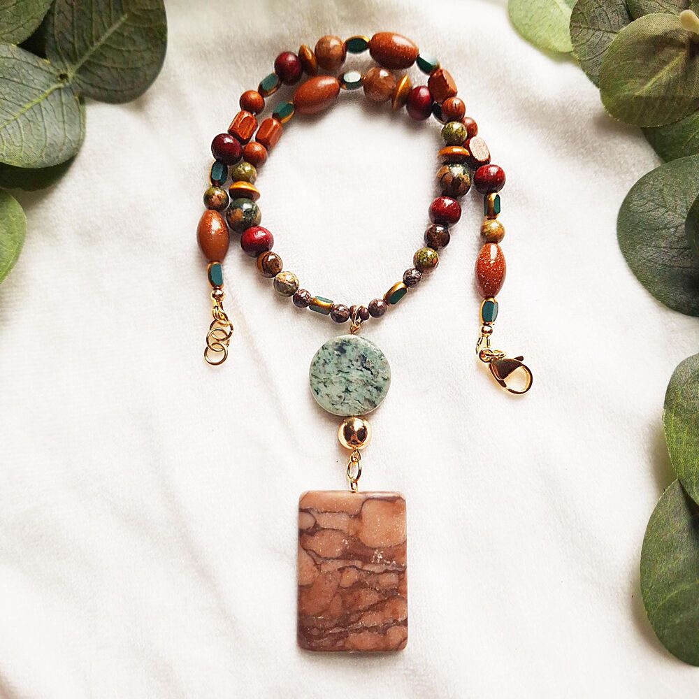 Earthy Wood & Multi Stone Pendant Necklace - 24k Gold Plated Stainless Steel